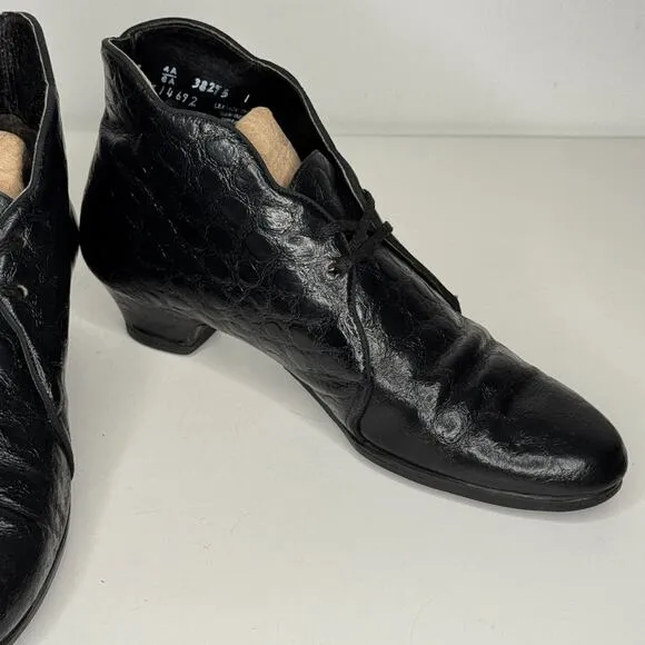 VTG 80s Kittens Boots Womens Size 7 4A Black Croc Leather Ankle Booties Lace Up