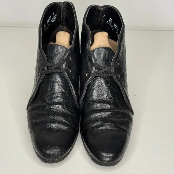 VTG 80s Kittens Boots Womens Size 7 4A Black Croc Leather Ankle Booties Lace Up
