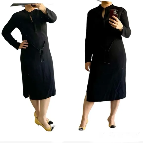 VTG Armani Collezioni Wool Blend Shirt Dress Cinch Waist Black Minimalist Career