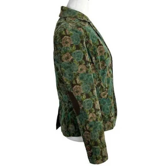VTG Liz Claiborne Green/Brown Floral Printed Elbow Patch Corduroy Jacket Small