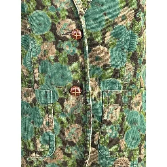 VTG Liz Claiborne Green/Brown Floral Printed Elbow Patch Corduroy Jacket Small