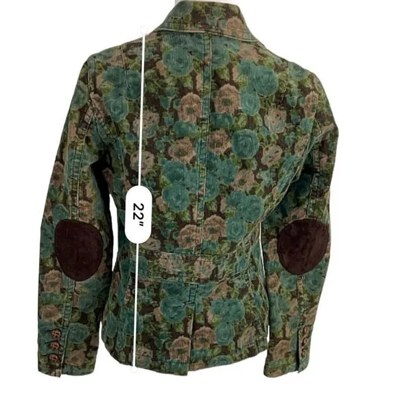 VTG Liz Claiborne Green/Brown Floral Printed Elbow Patch Corduroy Jacket Small