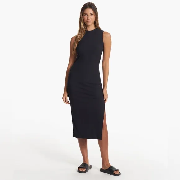 Vuori Pose Sands Rib Knit Bodycon Midi Dress Black XL Minimalist Side Slit Casua