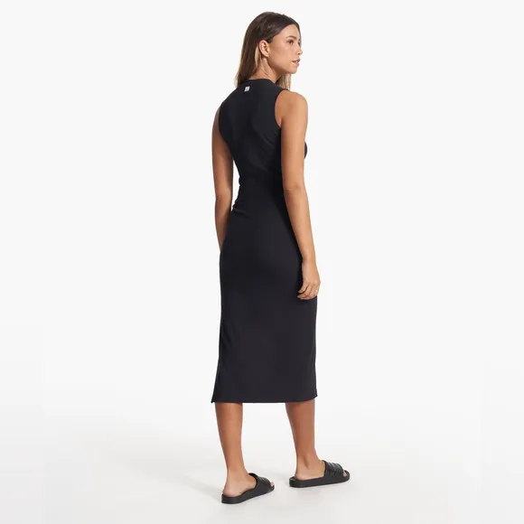 Vuori Pose Sands Rib Knit Bodycon Midi Dress Black XL Minimalist Side Slit Casua