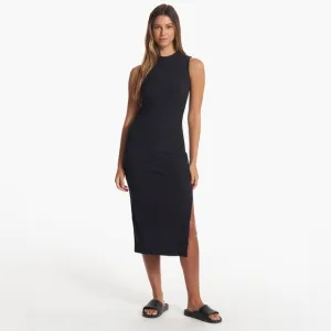 Vuori Pose Sands Rib Knit Bodycon Midi Dress Black XL Minimalist Side Slit Casua