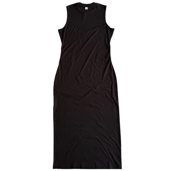 Vuori Pose Sands Rib Knit Bodycon Midi Dress Black XL Minimalist Side Slit Casua