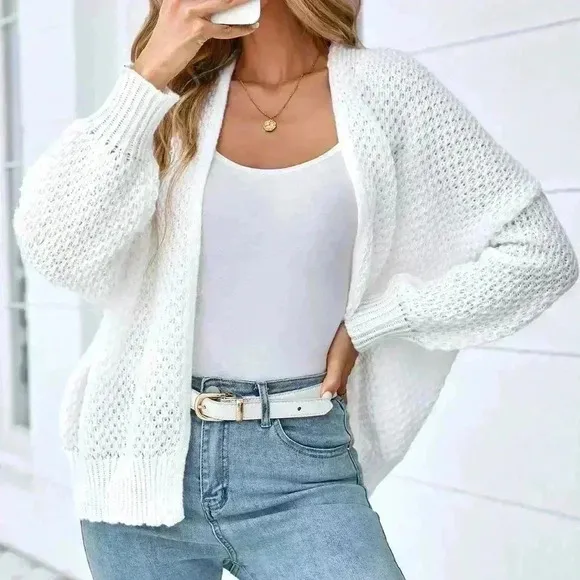 White Casual Women's Long Sleeve Minimalist Cardigan