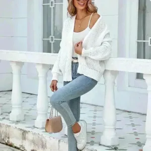 White Casual Women's Long Sleeve Minimalist Cardigan