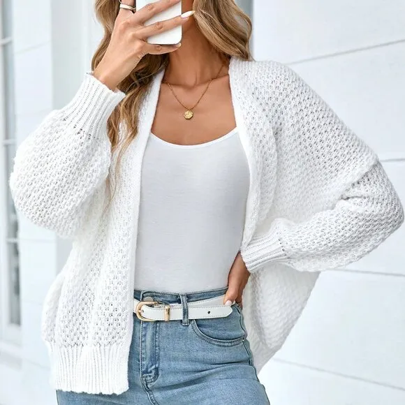 White Casual Women's Minimalist Long Sleeve Cardigan