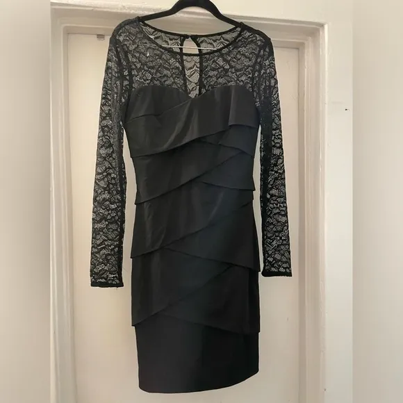 White House black market black mini dress sheer long sleeves size 4