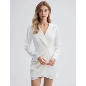 White Wrap Mini Dress Long Sleeve Minimalist Preppy Chic