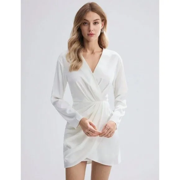White Wrap Mini Dress Long Sleeve Minimalist Preppy Chic