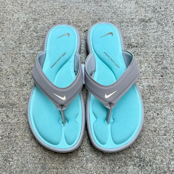 WMNS NIKE ULTRA COMFORT THONG SANDAL GRAY GREY HOT MINT TEAL FOOTBEDS FLIP FLOPS