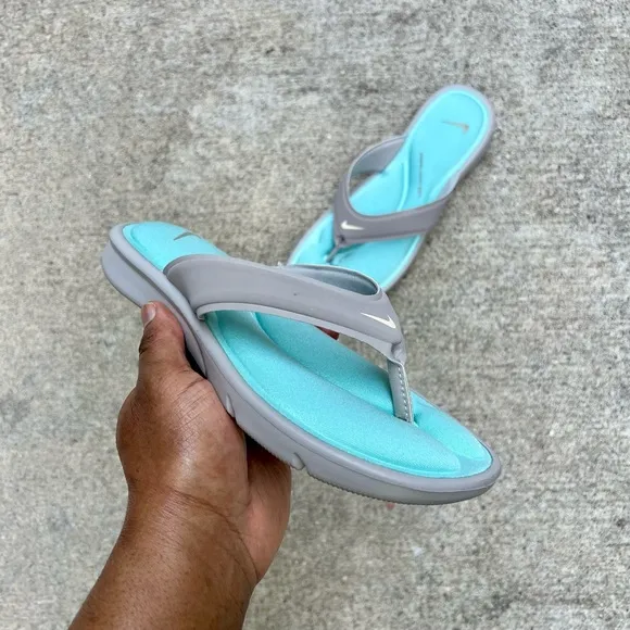 WMNS NIKE ULTRA COMFORT THONG SANDAL GRAY GREY HOT MINT TEAL FOOTBEDS FLIP FLOPS