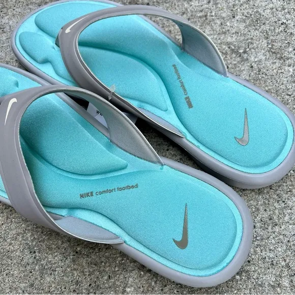 WMNS NIKE ULTRA COMFORT THONG SANDAL GRAY GREY HOT MINT TEAL FOOTBEDS FLIP FLOPS