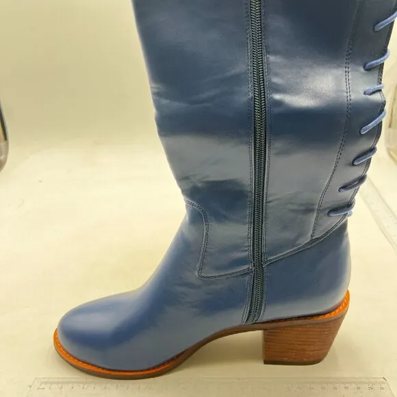 Women Back Lace Up Knee High Boots Suede Chunky Mid Heel Stretch Blue Shoes