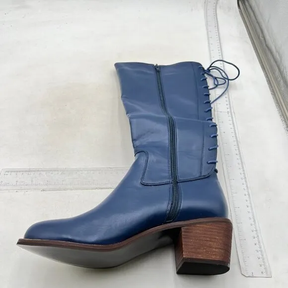 Women Back Lace Up Knee High Boots Suede Chunky Mid Heel Stretch Blue Shoes