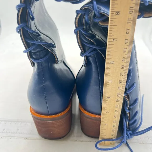 Women Back Lace Up Knee High Boots Suede Chunky Mid Heel Stretch Blue Shoes