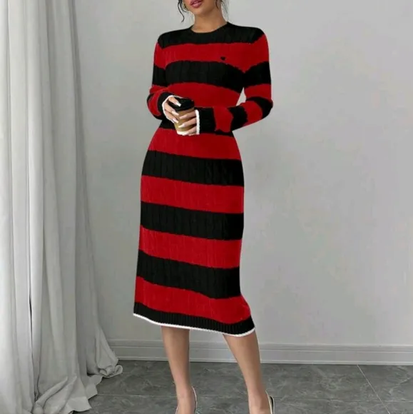 Women Elegant Long Sleeve Knit Dress, Minimalist Fashion Casual Everyday