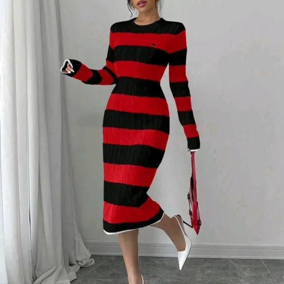 Women Elegant Long Sleeve Knit Dress, Minimalist Fashion Casual Everyday