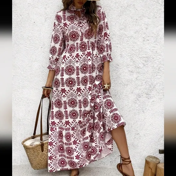 Women Front Tie Long Sleeve All-Over Print Minimalist Dress