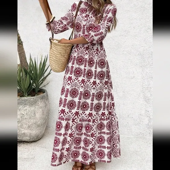 Women Front Tie Long Sleeve All-Over Print Minimalist Dress