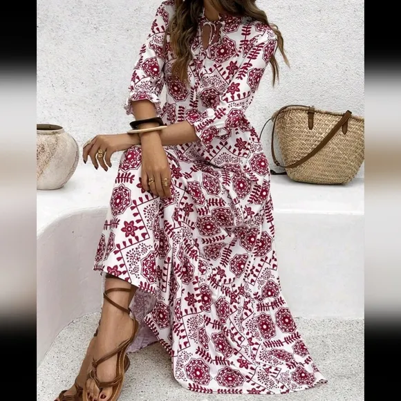 Women Front Tie Long Sleeve All-Over Print Minimalist Dress