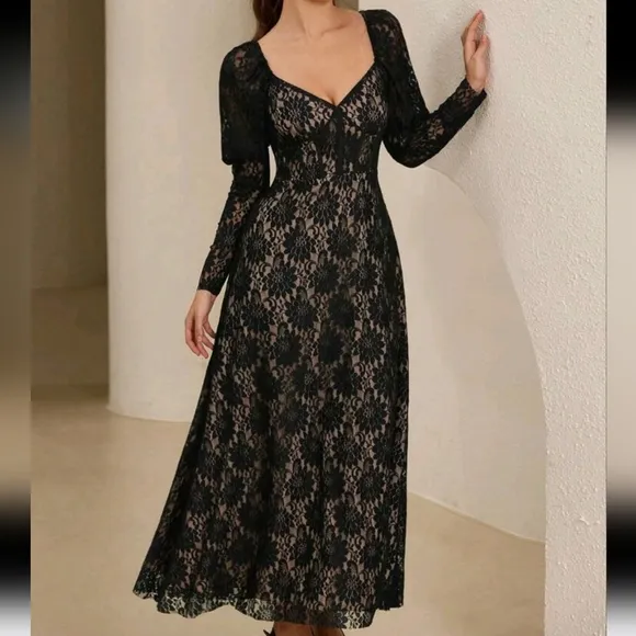Women Lace Long Sleeve Dress, Casual Minimalist Style For Daily Wear