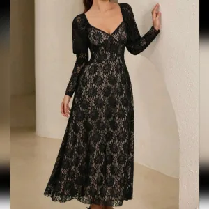 Women Lace Long Sleeve Dress, Casual Minimalist Style For Daily Wear
