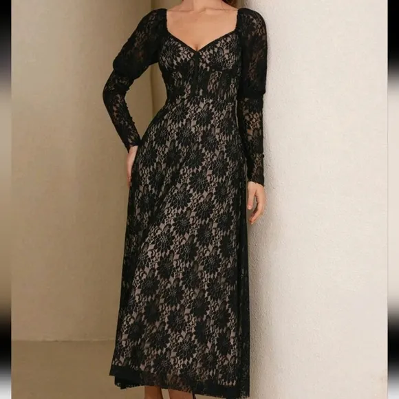 Women Lace Long Sleeve Dress, Casual Minimalist Style For Daily Wear