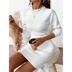 Women Plain Simple Long Sleeve Minimalist Casual Dress
