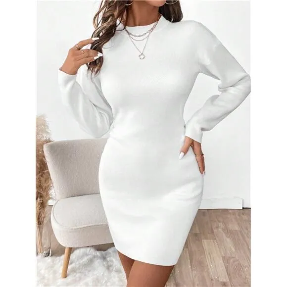Women Plain Simple Long Sleeve Minimalist Casual Dress
