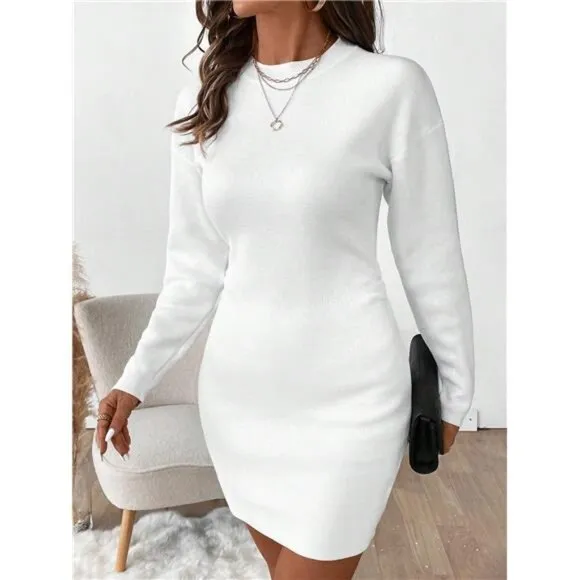 Women Plain Simple Long Sleeve Minimalist Casual Dress