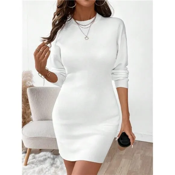 Women Plain Simple Long Sleeve Minimalist Casual Dress