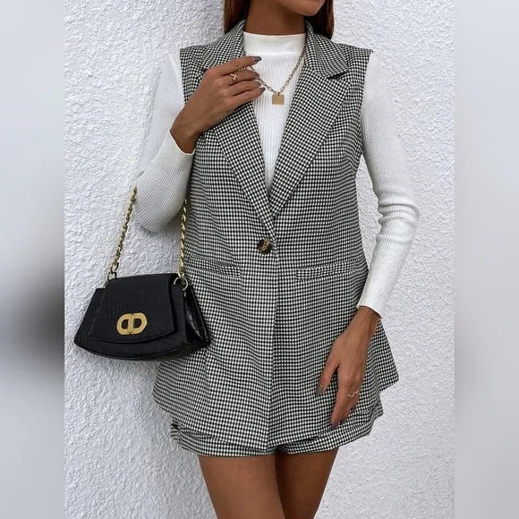 Women Sleeveless Plaid Minimalist Daily Suit Sets