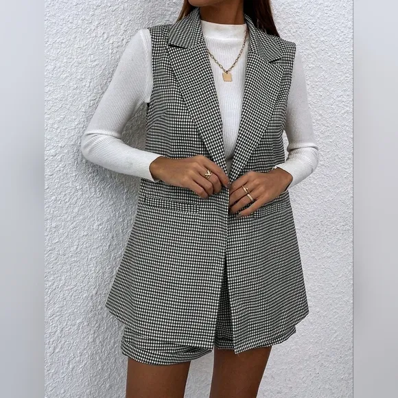 Women Sleeveless Plaid Minimalist Daily Suit Sets