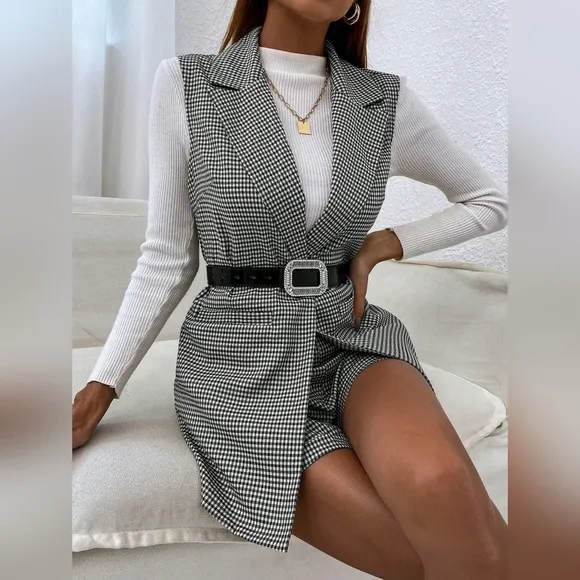 Women Sleeveless Plaid Minimalist Daily Suit Sets