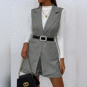 Women Sleeveless Plaid Minimalist Daily Suit Sets