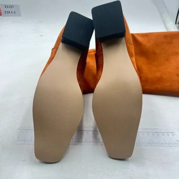 Women Square Toe Knee High Boot Wide Calf Low Chunky Heel Flat Long Boot Orange