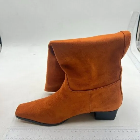 Women Square Toe Knee High Boot Wide Calf Low Chunky Heel Flat Long Boot Orange