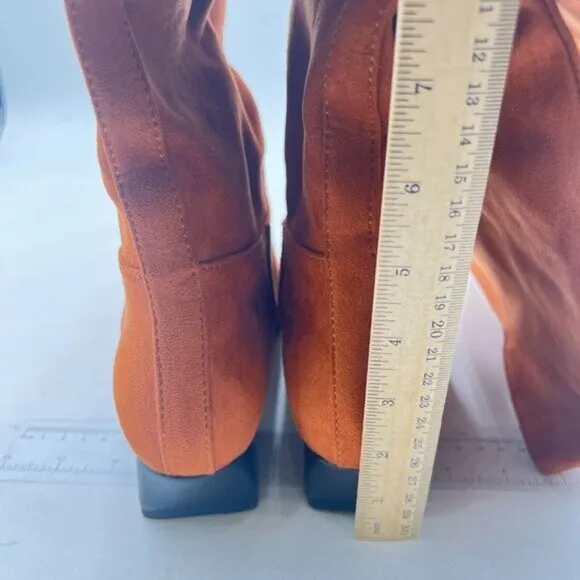Women Square Toe Knee High Boot Wide Calf Low Chunky Heel Flat Long Boot Orange
