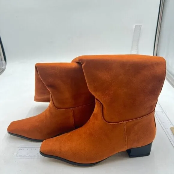 Women Square Toe Knee High Boot Wide Calf Low Chunky Heel Flat Long Boot Orange