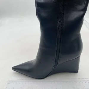 Women Wide Calf Knee High Boots Closed Pointed Toe Wedge High Heel Black Shoes