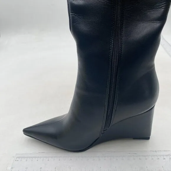 Women Wide Calf Knee High Boots Closed Pointed Toe Wedge High Heel Black Shoes
