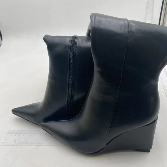 Women Wide Calf Knee High Boots Closed Pointed Toe Wedge High Heel Black Shoes
