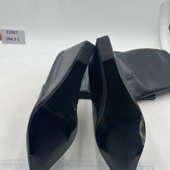 Women Wide Calf Knee High Boots Closed Pointed Toe Wedge High Heel Black Shoes