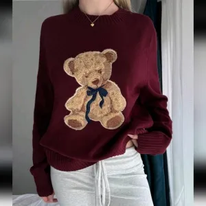 Women Wine Red Bear Graphic Embroidery Long Sleeve Minimalist Graphic