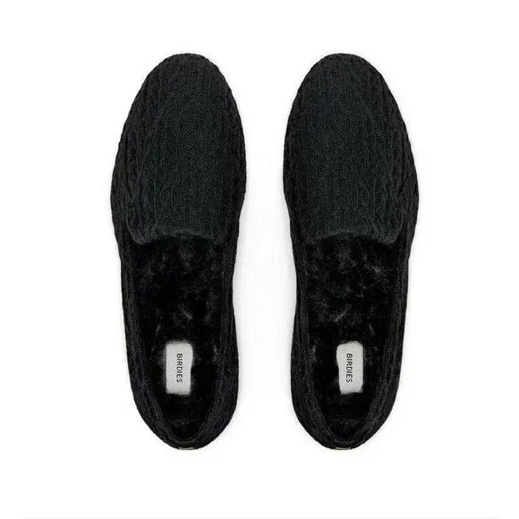 Women's Birdies Faux Fur Lined Starling Cable Knit Shoes Slippers Size 6.5 Black