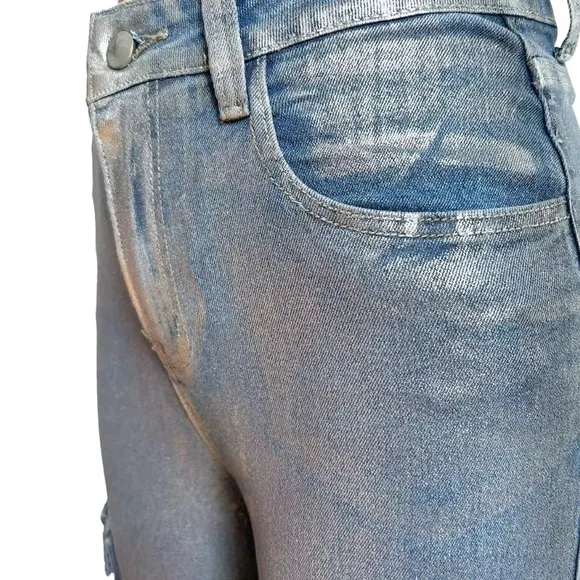 Women's Deep Silver Barrel Print High Waist Loose Denim Pockets Bottom Trouser