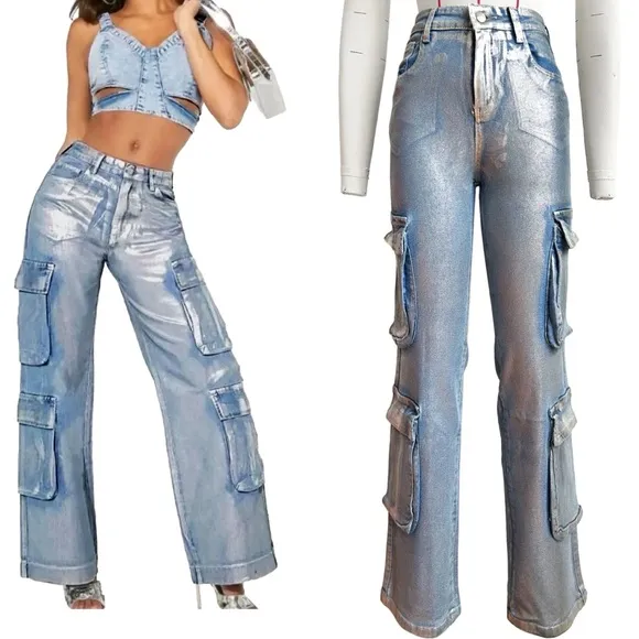 Women's Deep Silver Barrel Print High Waist Loose Denim Pockets Bottom Trouser